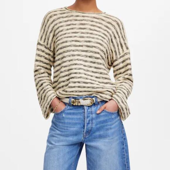 Madewell Crewneck Long Drop Sleeve Knit Sweater Tee Stripe Blue Horizon Medium - Picture 4 of 9